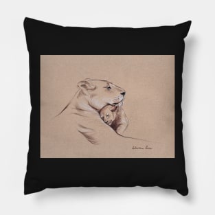 "A Mother's Pride" Lioness and cub original pencil drawing. Pillow