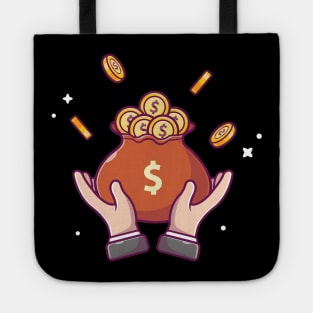 Hands with sack of gold coin cartoon Tote