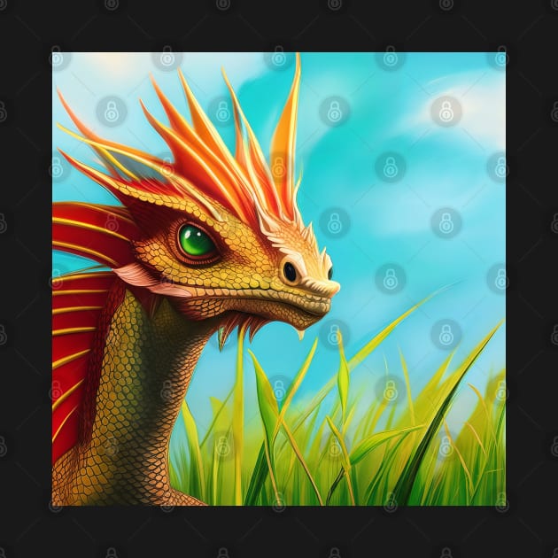 Baby Gold Dragon with Red Fins in the Tall Grass by dragynrain