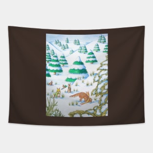 cute fox and rabbits snow scene for christmas Tapestry