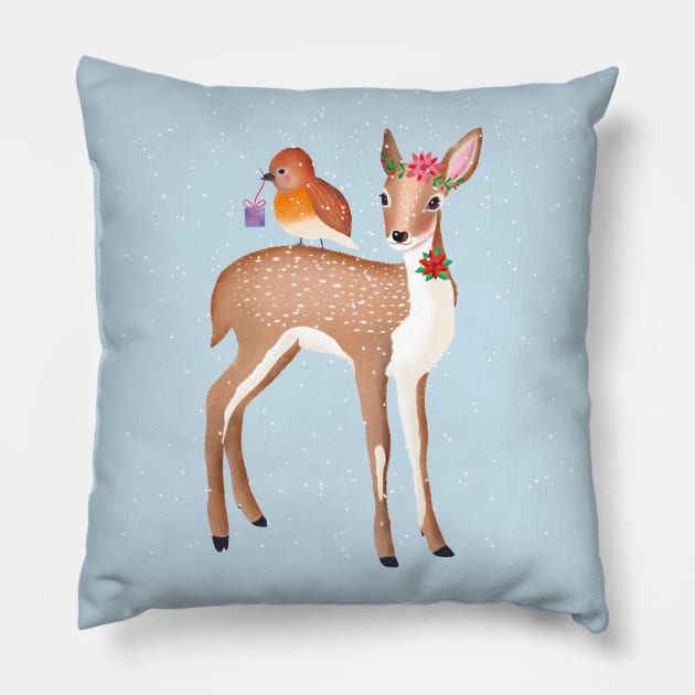 Deer and bird and snowflakes and Christmas gift Pillow by CalliLetters