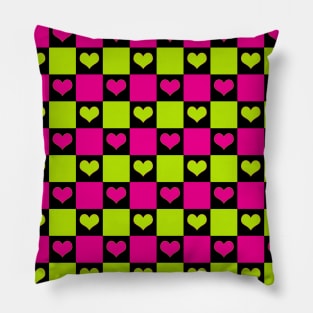 Checkerboard Hearts in Lime Green, Hot Pink and Black Pillow