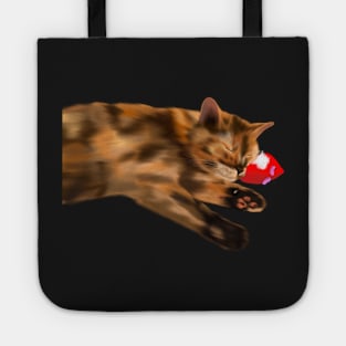 Tortie Cat Sleeping on Toy Mouse Tote