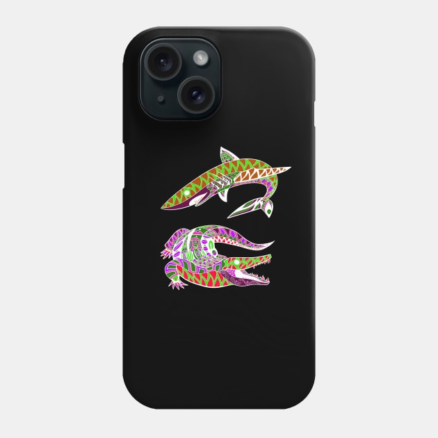 shark and alligator attack ecopop tribal totonac pattern art Phone Case by jorge_lebeau