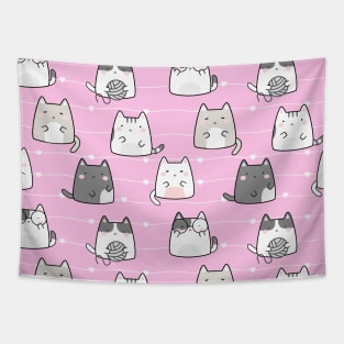 Seamless Pattern heart line Cute Kawaii Cats Tapestry