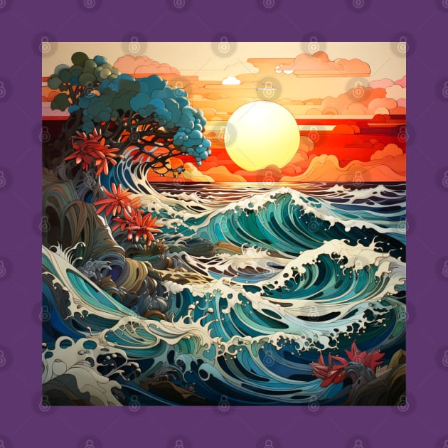 Waves ocean sunset by Wolf Cove Creations