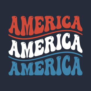 America Wavy Groovy Font Red White and Blue T-Shirt