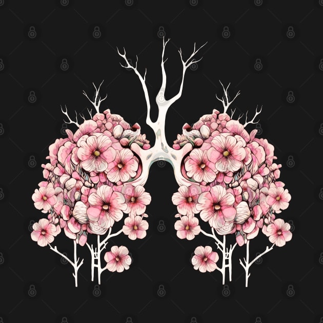 Vibrant pink anemones growing on the lungs, lungs cancer awareness, respiratory therapist by Collagedream