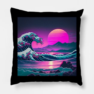 vaporwave synthwave ocean japanese 80s vintage style retro sunset 90s mountains Pillow