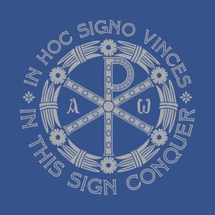 In Hoc Signo Vinces | In this Sign Conquer | Chi Rho | Grey on Blue T-Shirt