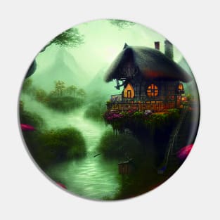 Sparkling Fantasy Cottage with Lights and Glitter Background in Forest, Scenery Nature Pin