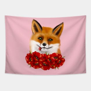 Cute face of a fox with red poppies. Tapestry