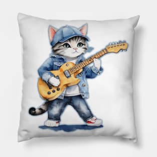 cute street cat wearing a denim blue jacket Pillow