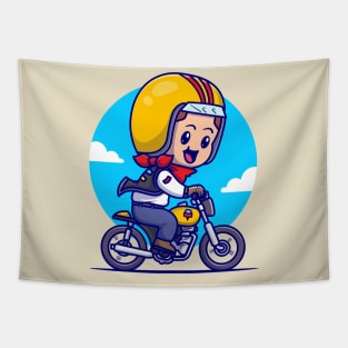 Cute Boy Riding Motorbike Cartoon Tapestry