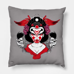 Japanese geisha with oni mask, tattoo style design Pillow