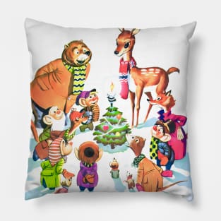 Happy animals celebrate Christmas night around the pine tree and its bright star Retro Vintage Comic Cartoons Pillow