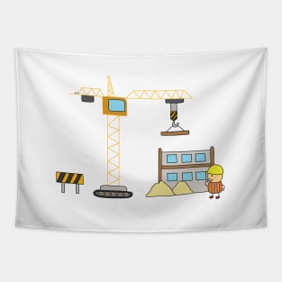 Kids drawing of building construction scene with worker and tower crane Tapestry