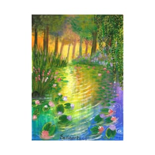 sunset on the pond of lotus and lily relaxing scenery acrylic painting T-Shirt