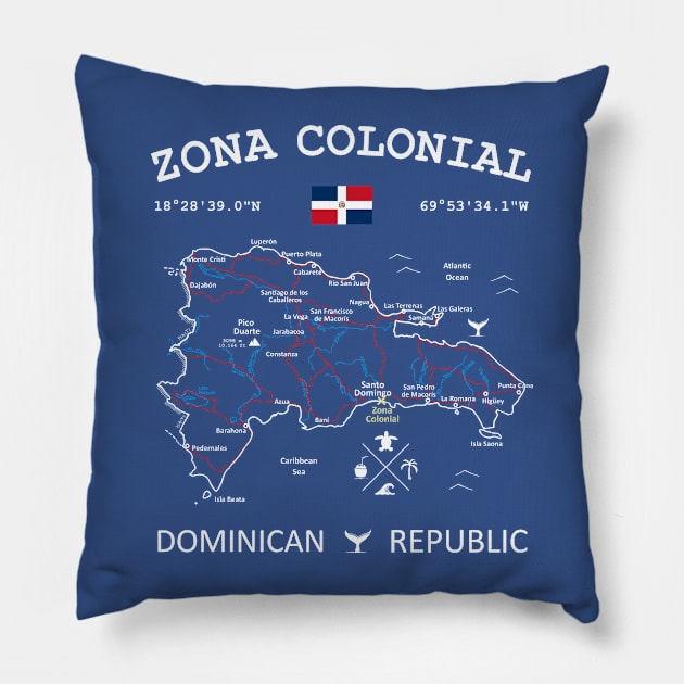 Zona Colonial Dominican Republic Flag Travel Map Coordinates GPS Pillow by French Salsa