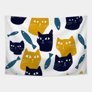 Blue and yellow cats with fish Tapestry