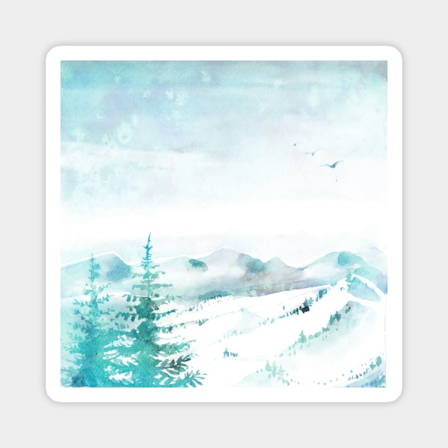 Watercolor Winter Scene Snowy Mountains Magnet by Printable Pretty