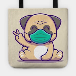 Cute Pug Dog Sitting And Wearing Mask Tote