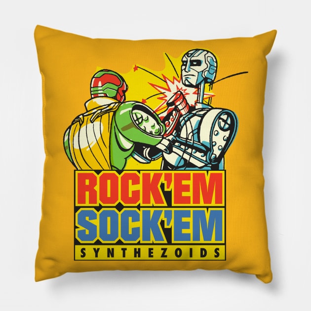 Rock'em Sock'em Synthezoids Pillow by harebrained