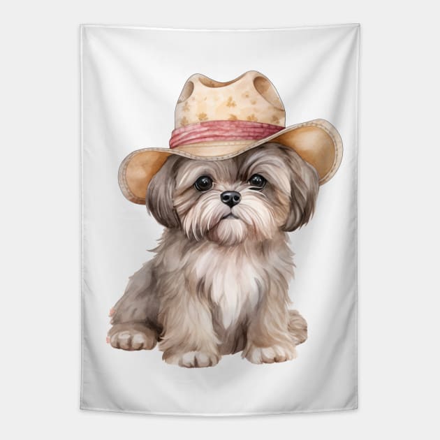 Watercolor Shih Tzu Dog in Straw Hat Tapestry by Chromatic Fusion Studio