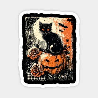 Black Cat on Pumpkin Vintage Halloween Distressed Gothic Magnet