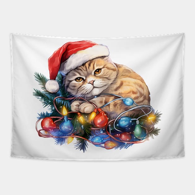 Lazy Scottish Fold Cat At Christmas Tapestry by Chromatic Fusion Studio