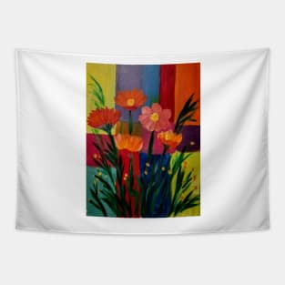 Abstract painting of colorblock  with some wildflowers Tapestry