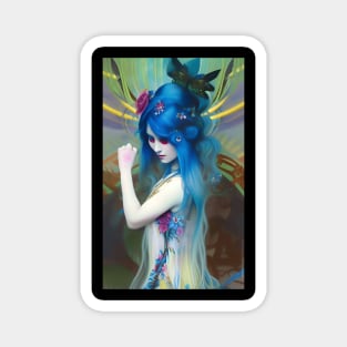 Cool Trippy Hippie Girl with Blue Hair Dancing Japanese Geisha Magnet