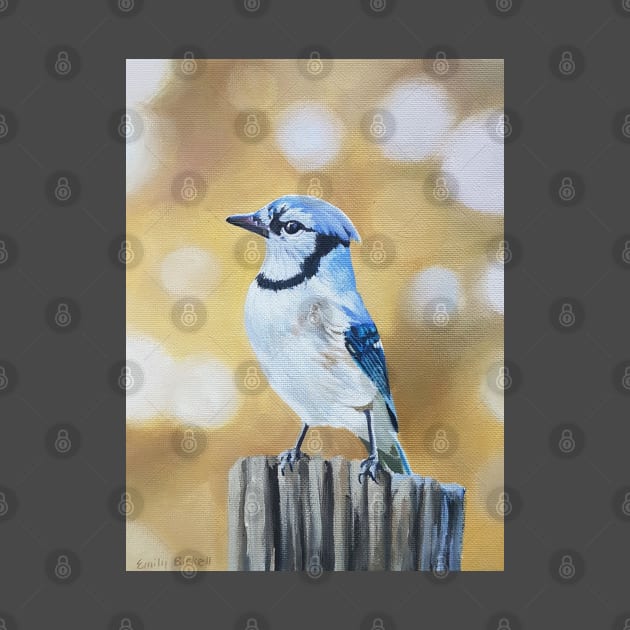 Blue Jay on a Post - fall bird painting by EmilyBickell