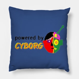 Powered by Cyborg Design on Blue Background Pillow