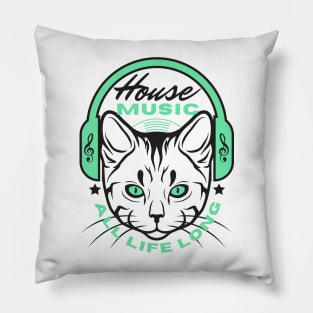 HOUSE MUSIC  - Headphone Cat (Green/Black) Pillow