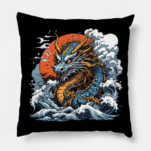 Dragon against the backdrop of a setting sun bathed in ocean waves Pillow