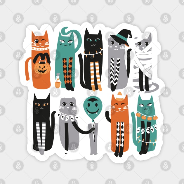 High Gothic Halloween Cats // print // pine green background orange grey green white and black kittens Magnet by SelmaCardoso