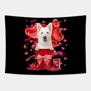 White German Shepherd In Red Pot Happy Valentine's Day Tapestry