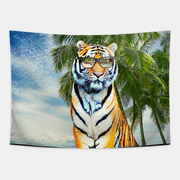 Big Cat Tiger Wearing Sunglasses On Beach Tapestry by Random Galaxy