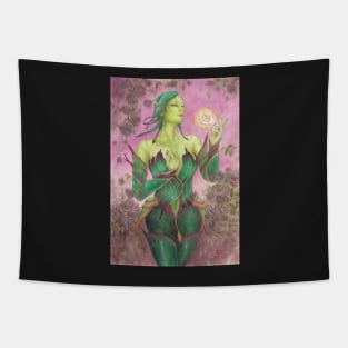 The Rose Unseelie Dark Elf Odd Fae Card Game Fantasy Fairy Art with Leaf Bodice Corset and Black Roses Tapestry