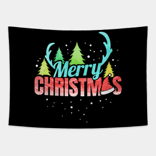 Merry Christmas Logo Santas Hat Antlers Christmas Tapestry