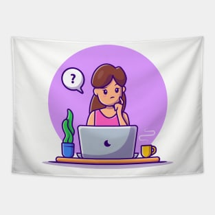 Confused Woman Working On Laptop Tapestry