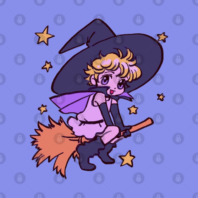 I draw chibi vanilla riding on a broom with stars / sugar sugar rune by mudwizard