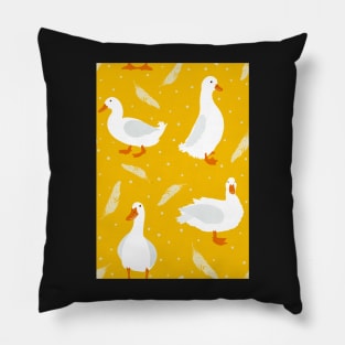 White Pekin Ducks with feathers and dots repeat pattern Pillow