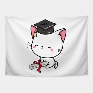 Funny White cat is graduating Tapestry