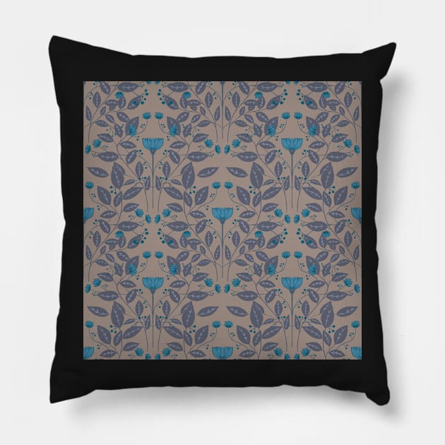 William Morris inspired pattern, floral pattern, autumn flowers in blue Pillow by BosskaDesign