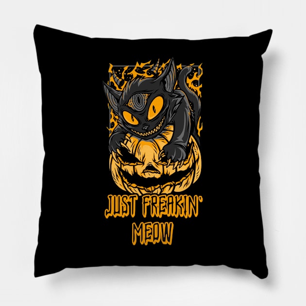 Just Freakin' Meow, scary halloween cat design Pillow by Laiss_Merch 