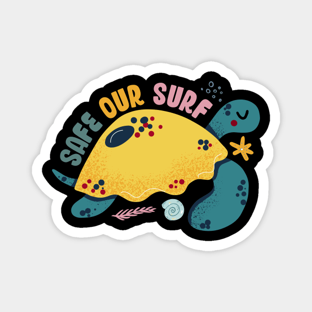 Safe our Surf quote with cute sea animal turtle, starfish, coral and shell aesthetic pastel color illustration. Magnet by jodotodesign