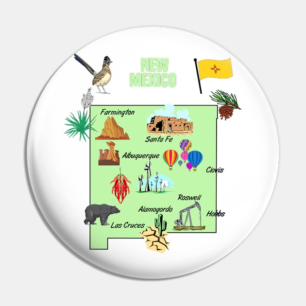 Tourist attractions map of New Mexico state, USA, major cities, flag Pin by Mashmosh