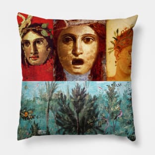 ANTIQUE ROMAN PAINTINGS ,GREEK THEATER MASKS WITH FLOWER GARDEN Pillow